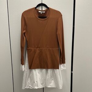 English Factory Combo Knit & Poplin Dress Light Brown, Size M